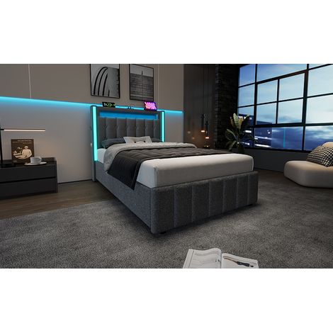 Cama 90x200 cm de tejido gris con LED y 2 cajones, para dormitorio juvenil, sin colchón – MEUBLIV (1/5)