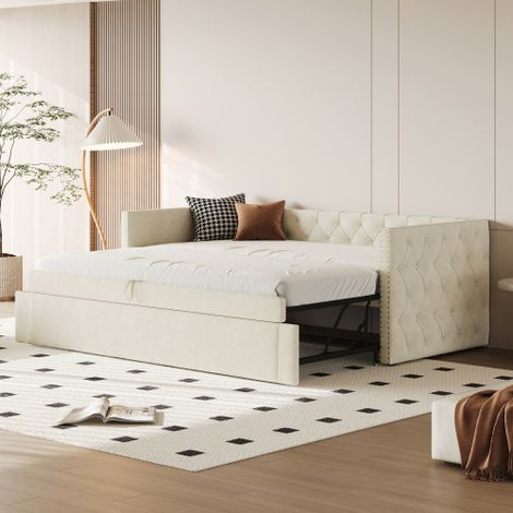 Lit gigogne 90/180x200 cm avec sommier à lattes, motif en losange, en tissu, sans matelas, beige