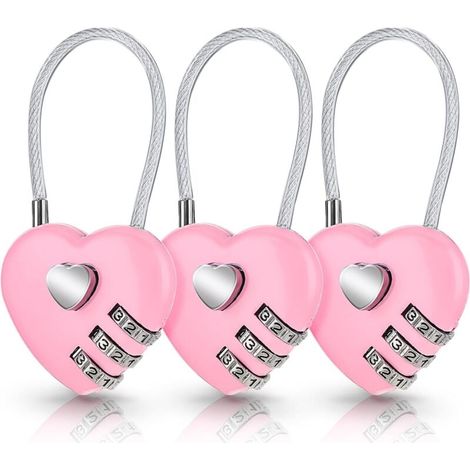 Lot de 3 cadenas à combinaison en forme de cœur rose pour valise, joli cadenas à code en forme de cœur, petit cadenas étanche pour sacs de voyage, sacs à dos (code original : 0-0-0)