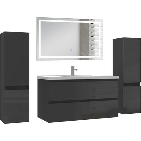 Ocean Ensemble de Meuble de salle de Bain 99cm Noir Haut Brillant avec Miroir LED, 2 colonnes 110 cm