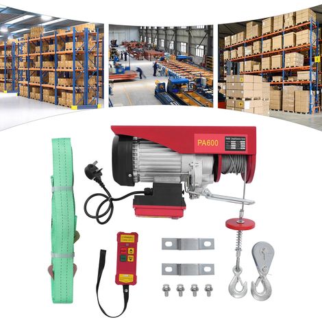 600kg Electric Hoist with Wireless Control & Two Slings, Electric cable winch, lifting height 12m, lifting speed 10m/min, for Garage, Warehouses