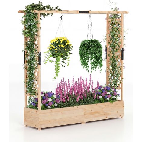 Jardinière Surélevée avec Treillis et Toit Suspendu, Jardinière Exterieur Grande Taille en Bois avec Trou Drainage pour Plante Grimpante, Naturel (1/5)