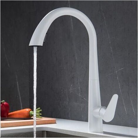 Kitchen faucet with pull-out spray, 360° swivel single-lever hot and cold water tap, available in white stainless steel. (1/4)
