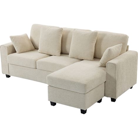 Canapé d'angle réversible 3 places velours beige, assise large profonde, coussins plumes, méridienne