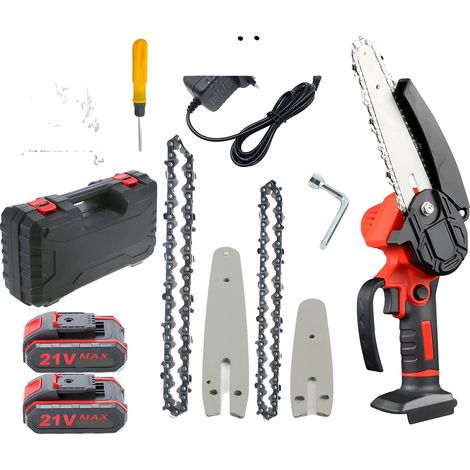 Mini motosega, design portatile, alimentata a batteria ricaricabile, due batterie, rossa, motosega a palo (1/2)