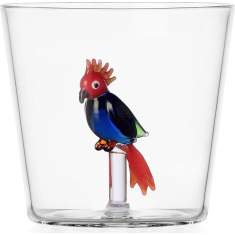 Tumbler Cacatua Rouge et Bleu, Collection Talking Trees, 30 cl, verre borosilicaté, fait à la main (1/2)