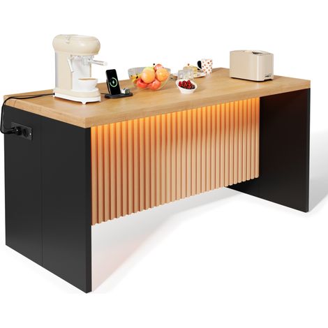 Îlot de cuisine industriel avec LED, prises EU et USB, plateau MDF 40 mm, 155x80x90 cm, pour 2 personnes, noir et bois clair, idéal pour appartements ouverts CHICFURN (1/5)