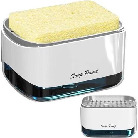 PA Distributeur de savon 2 en 1 avec porte-éponge, distributeur de liquide vaisselle, distributeur de pompe à main en plastique pour évier de cuisine salle de bain (1/5)