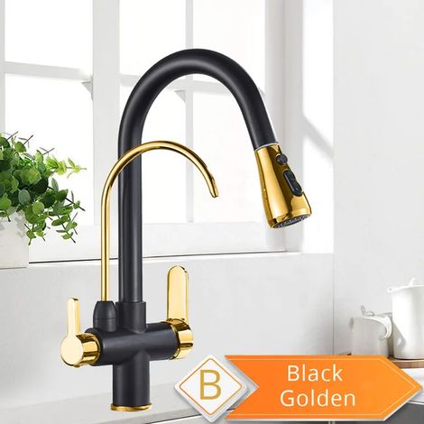 Robinet de cuisine filtrant l'eau (Noir et Doré B) 2 en 1, en laiton antique, avec douchette extractible et système de purification d'eau Crane. Mitigeur pivotant 2 voies. (1/5)