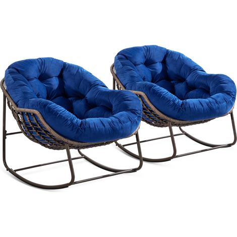 Sillón mecedora de ratán sintético azul marino con cojín acolchado y estructura de acero (1/5)