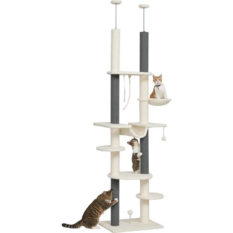 Arbre À Chat, hauteur réglable, régliable 225-255 cm, Plateformes & Hamacs, Anti-Chute, Blanc (1/5)