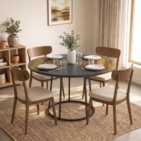 Table de salle à manger ronde Ø120 cm pour 4 à 6 personnes, plateau bicolore, style industriel (1/5)