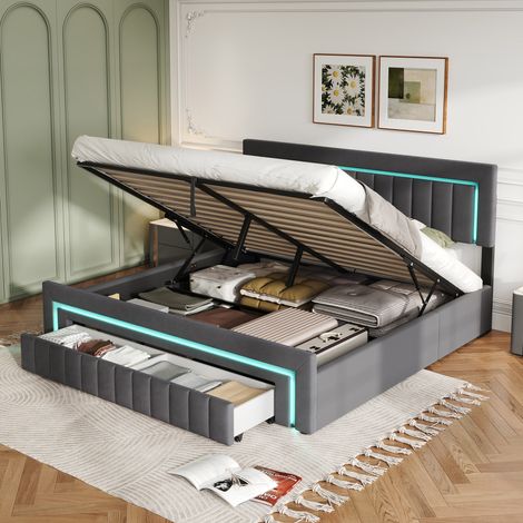 Contenedor Letto para adultos 160x200 cm en velluto, con iluminación LED y cassette, base y parte trasera para perros, colchón no incluido, gris escurro (1/5)
