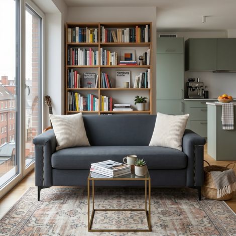 FX-P22EU-DG (SOFA 557-32) Sofá nórdico de 2 plazas 172×72×82 cm – Tejido de lino fino, estructura de madera maciza y robustas patas de hierro, ideal para salones.