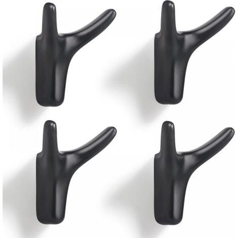 Lot de 4 supports muraux à double crochet, en alliage de zinc robuste, pour entrée, chambre, salon, cuisine (noir mat)