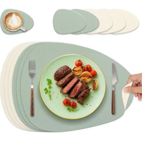 Lot de 6 sets de table ovales lavables, double face, antidérapants, aspect cuir, vert sauge et beige crème. - Vert Sauge+beige Crème (1/5)