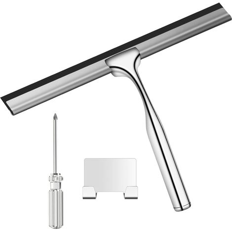 Raclette de douche de 25,4 cm en acier inoxydable - Outil de nettoyage pour écran de douche avec crochet - Essuie-glace pour salle de bain, fenêtres, miroirs et vitres de voiture (1/5)