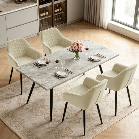 AINPECCA Dining Table and 4 Dining Chairs Set Dining Room Chair Kitchen Home Office(White Marble Effect table+4 Beige velvet chairs)