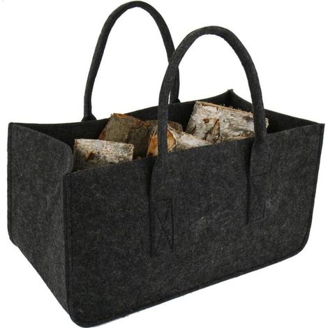 Sac à bûches en feutre gris foncé – Rangement 50x25x25 cm – Transport facile avec poignées – Pour bois de chauffage et provisions (1/3)