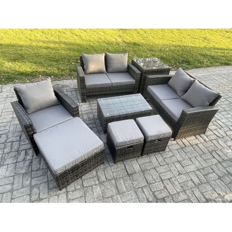 Fimous Rattan Garden Furniture Set 8 Seater Patio Outdoor Lounge Sofa Chair Set with Rectangular Coffee Table 3 Footstools Side Table Dark Grey Mixed (1/5)