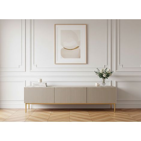 Bobochic – Meuble TV 200 cm Kasha – 2 compartiments et tiroir – Façades striées – Couleur beige – Largeur 44,6 cm – Hauteur 53,2 cm (1/5)