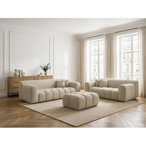 BOBOCHIC - Ensemble canapé droit fixe 3 + 2 places MELISSE tissu texturé avec pouf   Beige