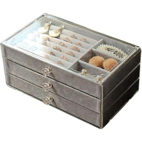 Boîte à bijoux en acrylique transparent avec 3 tiroirs pour boucles d'oreilles, bagues, broches, montres (1/4)