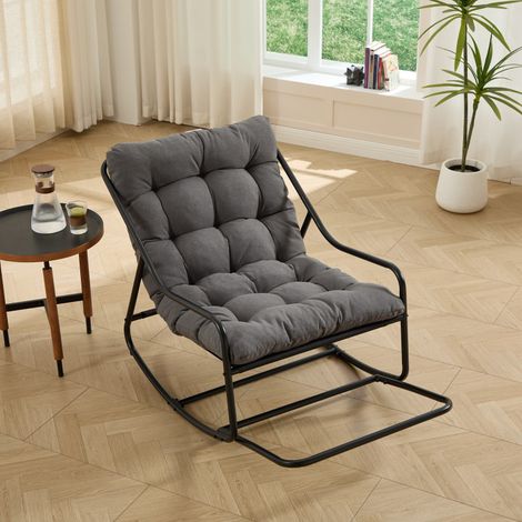 Fauteuil à bascule d'extérieur, coussin confortable et épais, idéal pour le salon, la chambre ou le coin lecture. Structure noire et coussin gris. (1/5)