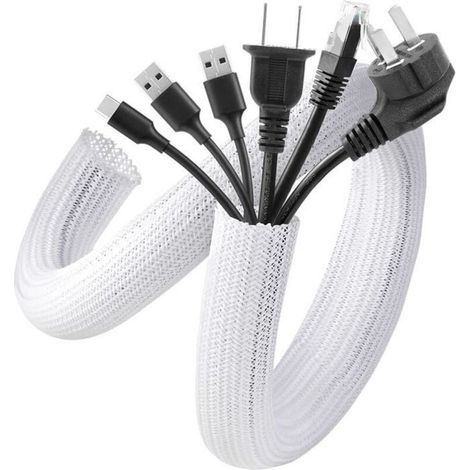2PCS Manchon de Câble Gaine 1.5 Mètre, Cache Câble de Protection Souple en Pet Diamètre 19-29mm, Blanc (1/4)