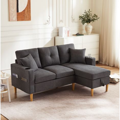 Ecksofa L 175/129/90 cm in Dunkelgrau, mit wendbarer Chaiselongue, Stauraum und Becherhaltern (1/5)