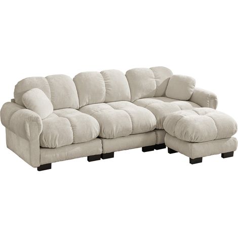 Canapé d'angle en L 3 places avec ottomane mobile et coussins décoratifs, tissu chenille kaki clair (1/5)