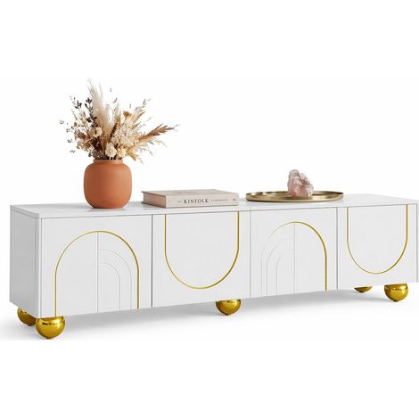 Meuble TV bas blanc et doré avec 4 portes, étagères intérieures, ouverture push-to-open, charnières freinées et pieds arrondis en métal – CHICFURN (1/5)