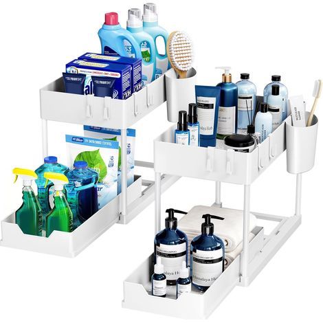 Lot de 2 Rangement sous Évier à 2 Étages, Organisateur Cuisine avec Tiroirs Amovibles, Rangement Coulissant sous Évier, Organisateur Placard, Étagère, Panier Coulissant pour Cuisine -Blanc (1/5)
