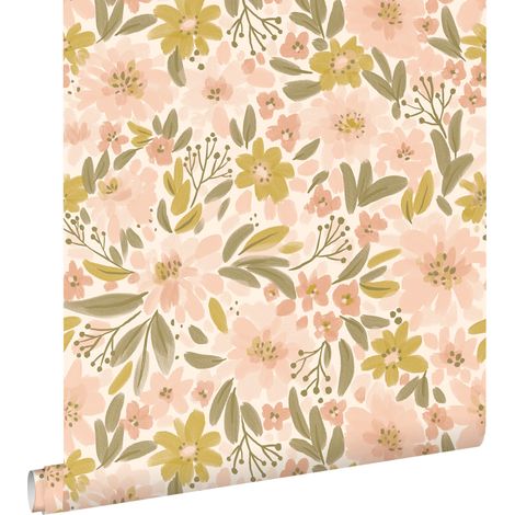 papier peint fleurs rose clair, jaune ocre et vert grisé - ESTAhome (1/5)