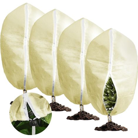 Pack de 4 fundas de invierno para plantas de exterior, transpirables, 70 g/m², con cremallera y cordón, color beige, 60 x 80 cm (1/5)