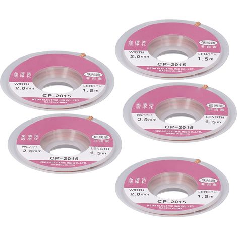 Mèches à souder à l'étain (lot de 5) : faible résidu, absorption rapide, excellente réponse thermique, pour circuits imprimés. (1/5)