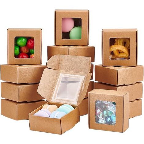 30 boîtes cadeaux en papier kraft (6,5 x 6,5 x 3 cm) avec fenêtre transparente, idéales pour les cadeaux de mariage, les pâtisseries, les bijoux et les emballages cadeaux. Carrées, marron.