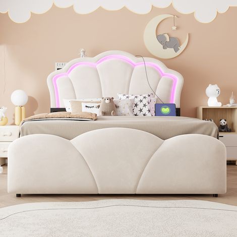 Lit capitonné (140 x 200 cm), rangement hydraulique, éclairage LED, compartiments de rangement dans la tête de lit, motif floral, revêtement en velours et prises électriques intégrées, beige (1/4)