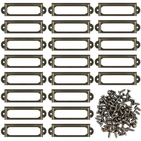 Lot de 50 porte-étiquettes en métal avec vis pour meubles, tiroirs, armoires, cartes, plaques de nom pour bureau, bibliothèque, étagères - Bronze (S-59 x 17 mm) (1/4)