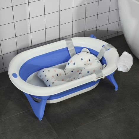 Vaschetta da bagno pieghevole per neonati fino a 3 anni, 81,5x50,5x23,5 cm con tappo termosensibile e cuscino blu.