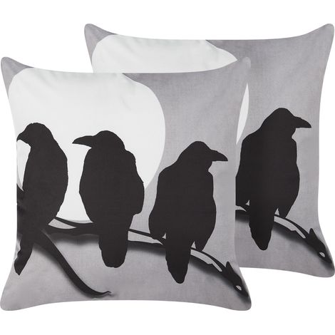 Conjunto de 2 cojines de terciopelo gris negro blanco 45 x 45 cm cuervos Oradea