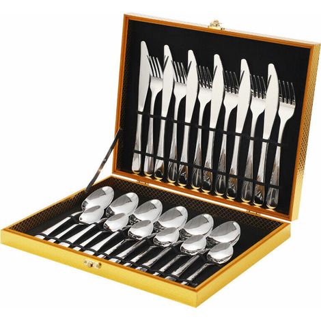 Green Mobility-Lot de 24 couverts en acier inoxydable poli miroir de qualité supérieure Utilisation polyvalente pour la maison, la cuisine, le restaurant Avec boîte cadeau pour A (1/4)