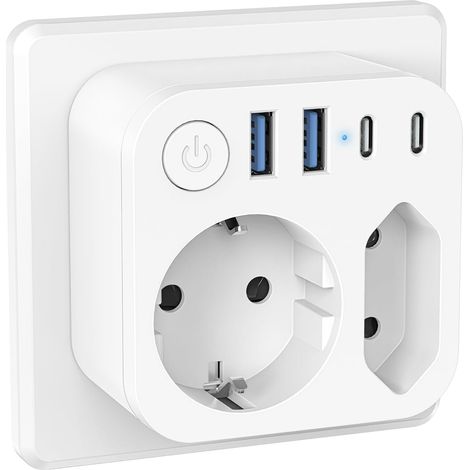 6 en 1 Multiprise Murale avec 4 USB (2 Type-C), Adaptateur Secteur 2 Prises avec Interrupteur Electrique Idéal Bureau, Blanc 2 prises multiprises, double prise pour prise murale (1/5)