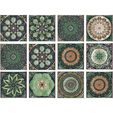 Spritzwassergeschützte grüne Fliesenaufkleber, 15 cm x 15 cm, Mandala-Muster, zur Dekoration von Küchen und Badezimmern (24 Stück).