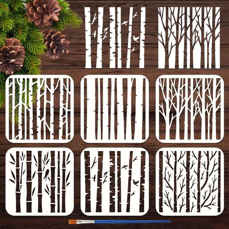 6Pcs Pochoir Réutilisable en Forme de Tronc D'Arbre pour Peinture Au Pinceau 15x15cm Motif de Branches de Bouleau et de Bambou Motif Creux D'Oiseaux Volants pour Décoration Murale (1/5)