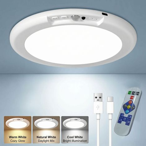 Lampe de penderie sans fil à piles — Plafonnier à intensité variable avec télécommande, minuterie et détecteur de mouvement (rechargeable) (Blanc) (1/5)