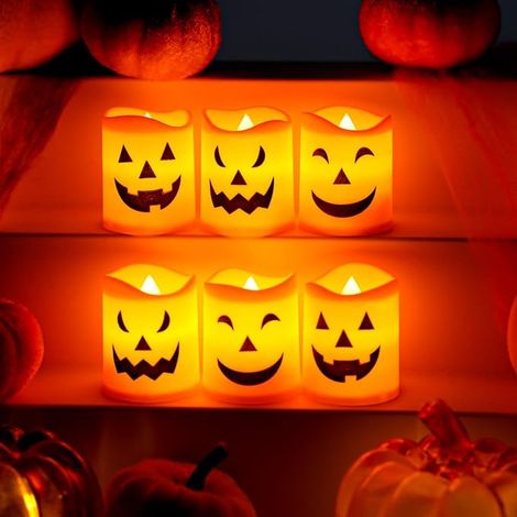Lot de 6 bougies LED d'Halloween, bougies en forme de citrouille sans flamme avec 3 visages différents, fonctionnant à piles, décoration de table pour la maison et les fêtes (1/5)