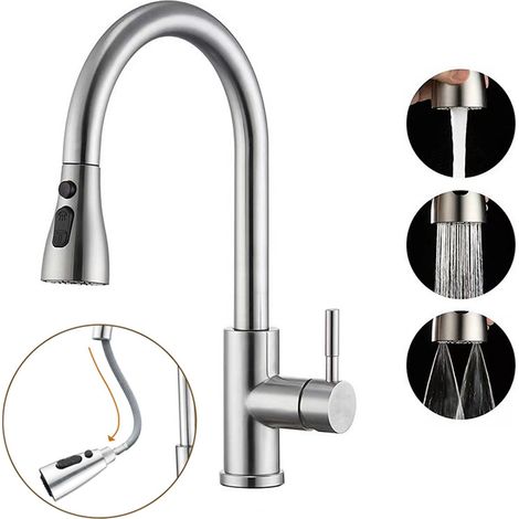 Robinet de cuisine extractible avec douchette extractible - Mitigeur de cuisine extractible avec 3 modes de pulvérisation, robinet en acier inoxydable (1/5)