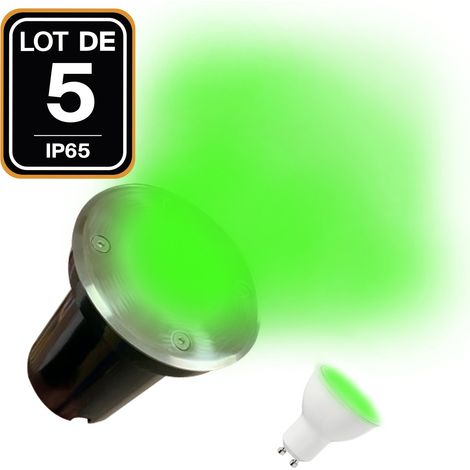 5 Spots Encastrables de Sol Rond Inox 304 Exterieur IP65 + Ampoules GU10 5W VERT