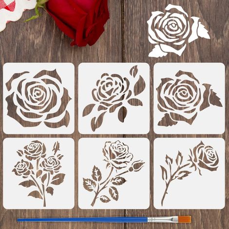 6Pcs Pochoir de Peinture de Roses Avec Pinceau 15x15cm Modèle de Dessin de Rose Unique Plusieurs Roses Pochoir DIY Modèle de Décoration de Fleur de Rose pour Bois Mur Tissu Meubles (1/5)